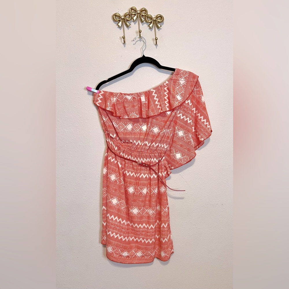 Hello Miss Orange and Ivory Ruffled Smocked One Shoulder Sundress. Size M